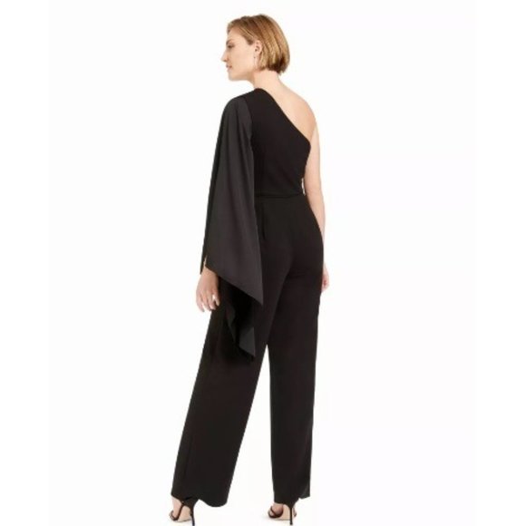Adrianna Papell Black Formal One Shoulder Drape Sleeve Jumpsuit - Picture 13 of 16